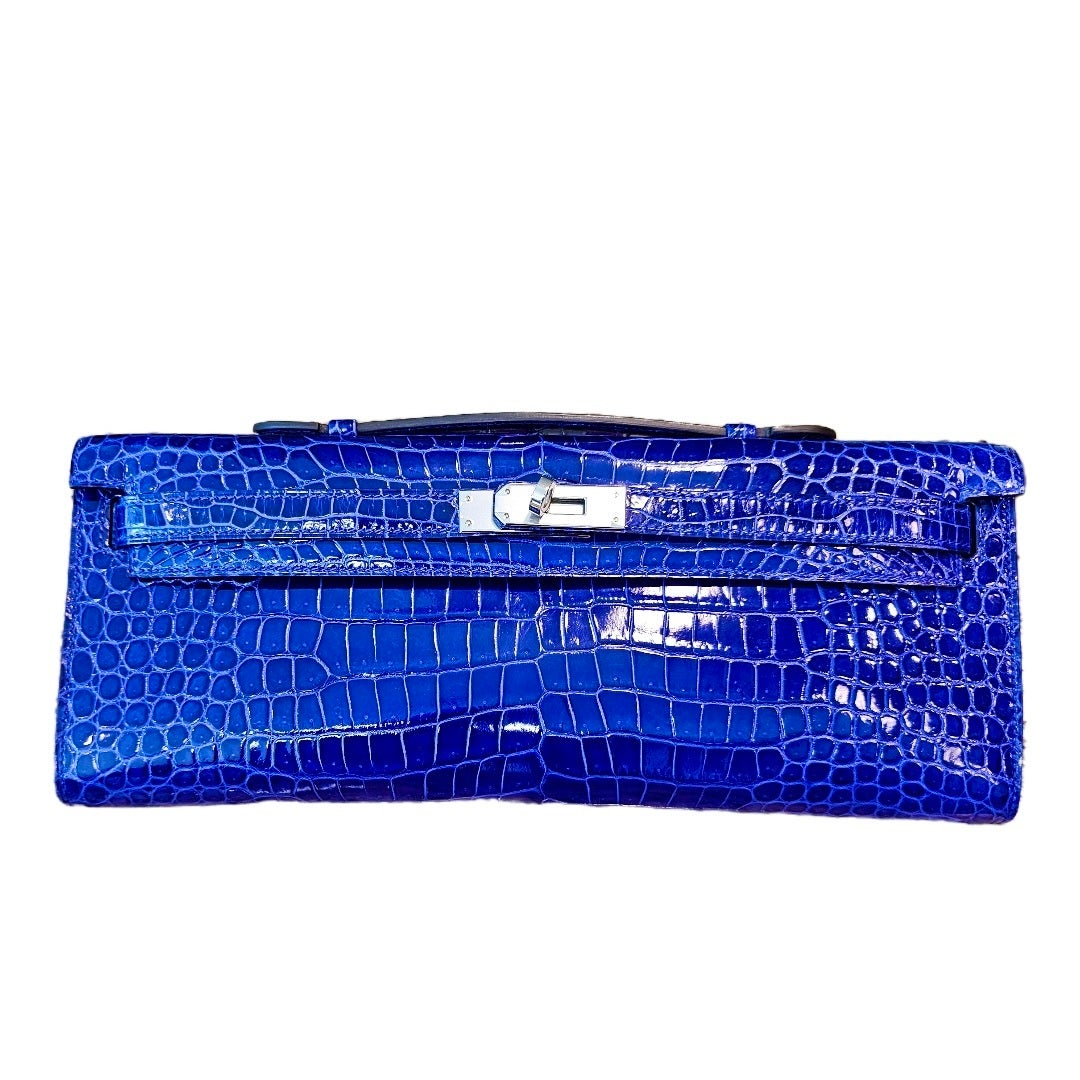 Herm s Kelly Cut Clutch Electric Bleu Porosus PHW Pristine